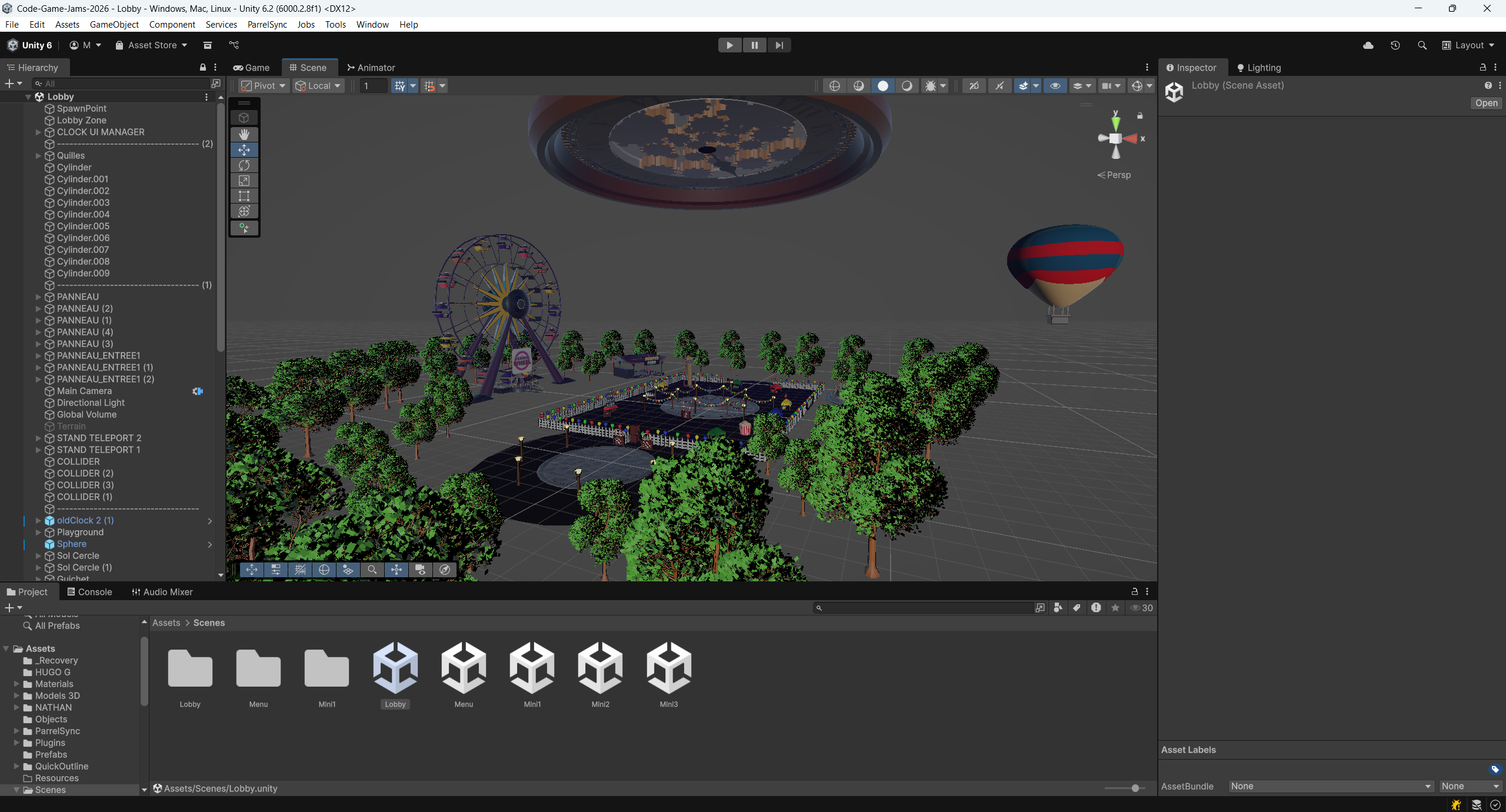 Capture d'écran de Unity avec le projet d'ouvert
